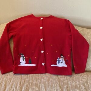 C&B (Croft and Barrow) Red Christmas cardigan 3 white snowmen & heart buttons M